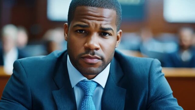 Serious Businessman in Courtroom Setting