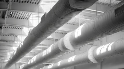 Industrial Ceiling with Ductwork and Natural Light in Black and White Interior Space Photography