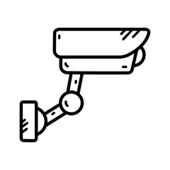 Black and White Outline Icon of a Surveillance Security Camera Mounted on a Wall with a Transparent Background