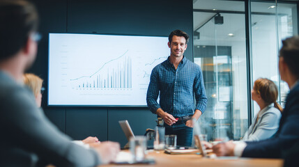 a diverse group of business people having a meeting, standing around a table and talking with a female leader or manager in an office conference room or lounge area.