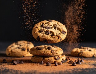 chocolate chip cookies on black background