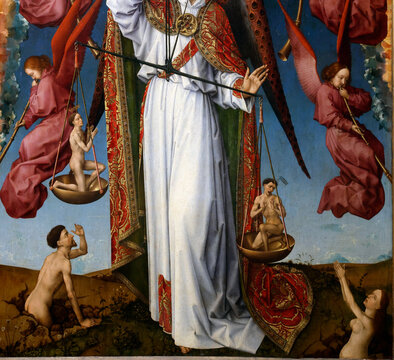 The Hospices de Beaune. Rogier Van Der Weyden (1399-1468) polyptych altarpiece. Detail. The last Judgment. Archangel Saint Michael weighing souls.  Beaune. France.