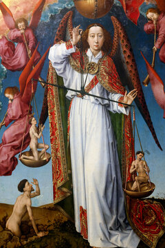 The Hospices de Beaune. Rogier Van Der Weyden (1399-1468) polyptych altarpiece. Detail. The last Judgment. Archangel Saint Michael weighing souls.  Beaune. France.