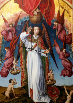 The Hospices de Beaune. Rogier Van Der Weyden (1399-1468) polyptych altarpiece. Detail. The last Judgment. Archangel Saint Michael weighing souls.  Beaune. France.