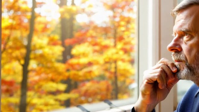 Man contemplating by window, autumn leaves visible. Possible office setting