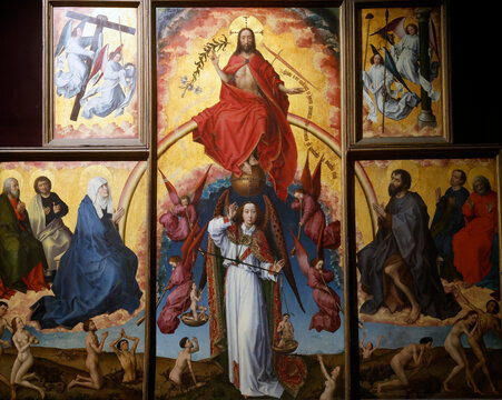 The Hospices de Beaune. Rogier Van Der Weyden (1399-1468) polyptych altarpiece. Detail. The last Judgment. Archangel Saint Michael weighing souls.  Beaune. France.