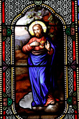 Obraz premium Saint Nicolas church. Stained glass. The Sacred Heart of Jesus. Meursault. France.