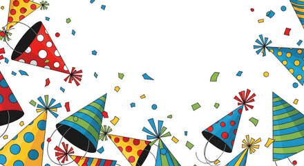 Fototapeta premium Colorful party hats and confetti isolated on transparent background