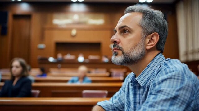 Man in courtroom, attentive, listening to proceedings. Possible use Stock photo for legal, education, or business themes