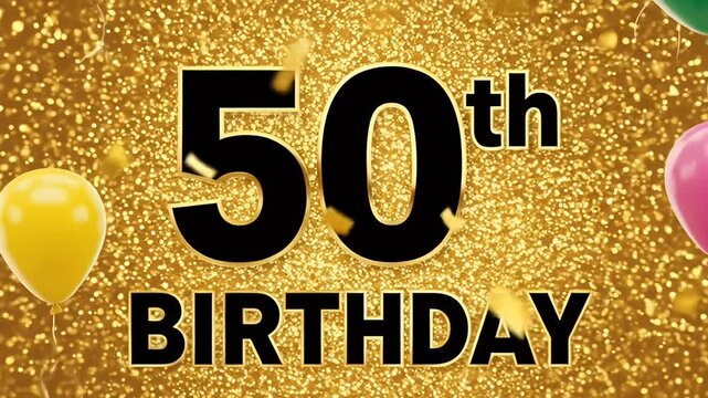 Golden 50th Birthday Celebration with Balloons and Confetti.