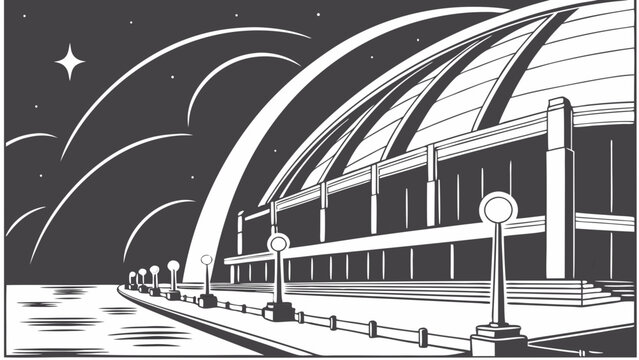 A stylized architectural illustration with art deco influence depicting a coastal scene with night sky elements.