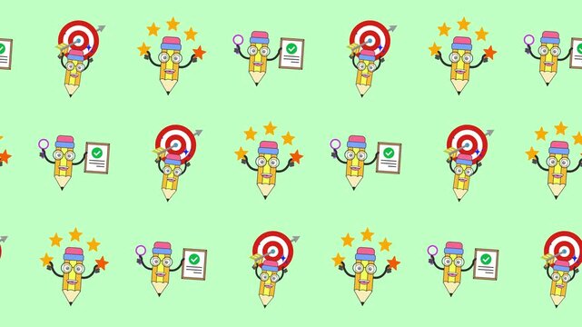 Seamless pattern of cartoon pencil mascot, goals, and achievement icons in a tile background animation. Repeating wallpaper with education success, learning school target, and quality rating symbols.