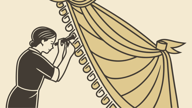 A woman looking through a telescope at a curtain in a vintage style design.