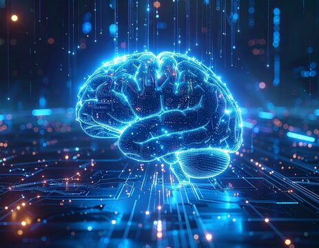 Futuristic cybernetic brain with glowing data streams and neural network circuits