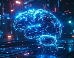 Futuristic cybernetic brain with glowing data streams and neural network circuits