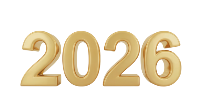 Golden 3d numbers spelling out the year 2026 isolated on transparent background