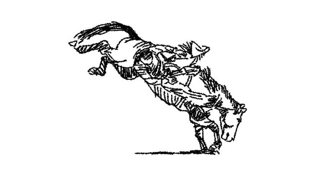 Quick draw animation of a cowboy riding a wild horse.