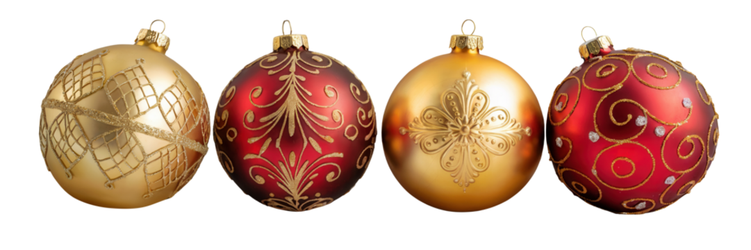 Four ornate oval shaped christmas ornaments in red and gold with intricate patterns isolated on transparent background