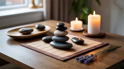 Zen Stones and Candles Arrangement for Relaxation and Spa Therapy