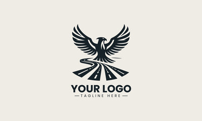 Obraz premium Bold black vector logo illustration of a powerful eagle with dynamic spread wings creating an authoritative and iconic symbol