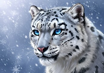 Fototapeta premium Snow Leopard Portrait with Mesmerizing Blue Eyes in a Winter Wonderland Scene