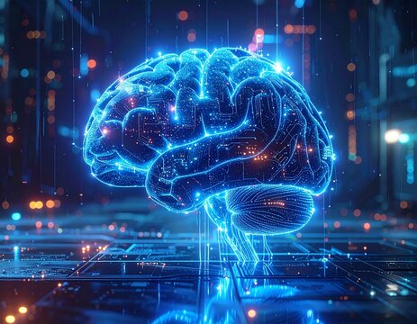 Futuristic cybernetic brain with glowing data streams and neural network circuits