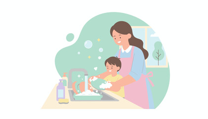 Happy mother and child washing dishes fostering family bonding and responsibility at home