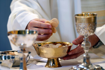 Saint Jacques church. Eucharist table with the liturgical items. Holy communion. Sallanches. France.