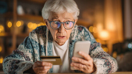 scared elderly woman holding a credit card, using a smartphone to do online shopping on a mobile app