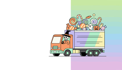 Halloween truck driven by a skeleton delivers candy and treats Fun spooky delivery concept