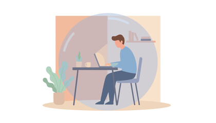Focused man working remotely on laptop at home office depicting productivity and concentration