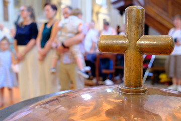 Catholic church.  Cross on baptistery.  Sallanches. France.