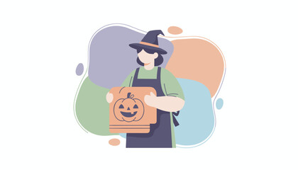 Person in witch hat holds pumpkinthemed items perfect for Halloween autumn or festive crafts