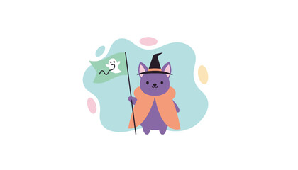 Adorable cat witch in costume holding a ghost flag perfect for Halloween fun