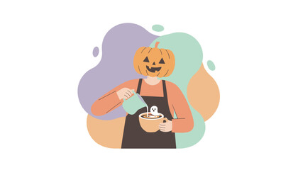 Halloween barista with pumpkin head crafting ghost latte art Seasonal drink concept