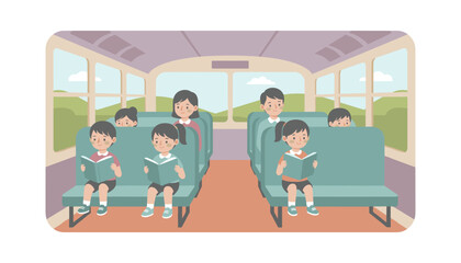 Children happily reading books on a bus enjoying a journey Education and travel concept