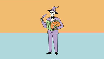 Whimsical skeleton wizard writing a spooky story with a pumpkin perfect for Halloween fun