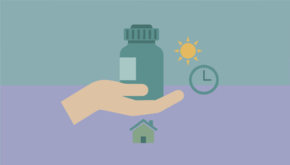Hand holding medicine bottle with sun clock and house icons Daily health routine home care