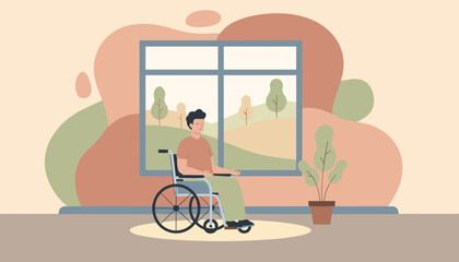 Man in wheelchair meditating by window embracing mindfulness and peace for mental wellness