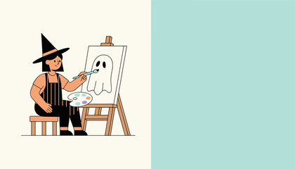 Person in witch hat painting a Halloween ghost on an easel enjoying a creative hobby