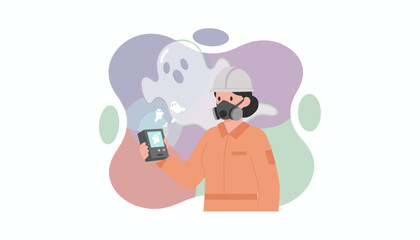 Professional in protective gear using a ghostdetecting device exploring the unknown mystery