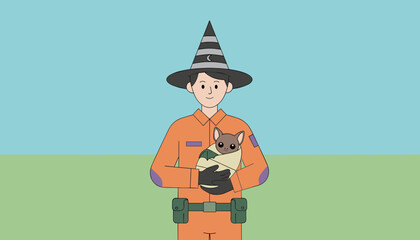 Person in witch hat holding cute baby bat in blanket Halloween fantasy care rescue concept