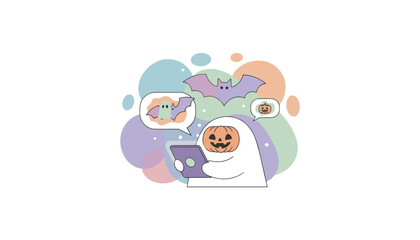 Cute ghost with pumpkin head uses tablet communicating Halloween fun online