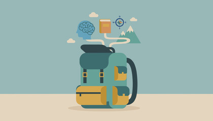 Conceptual backpack of knowledge direction and adventure for personal growth