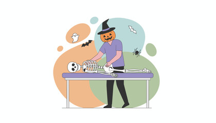 Halloween character with pumpkin head giving a skeleton a back massage Spooky fun health concept