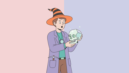 Amazed explorer in wizard hat holding a shimmering crystal skull a blend of magic and discovery