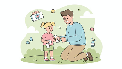 Father helps daughter with scraped knee showing care and first aid outdoors