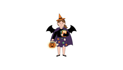 Girl in witch and bat costume holds books and jackolantern for Halloween fun