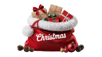 Full santa claus sack overflowing with wrapped christmas gifts and ornaments isolated on transparent background