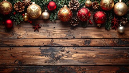 Christmas border. Wooden christmas frame with festive decorations and ornaments - baubles, tree branches and holly berries.